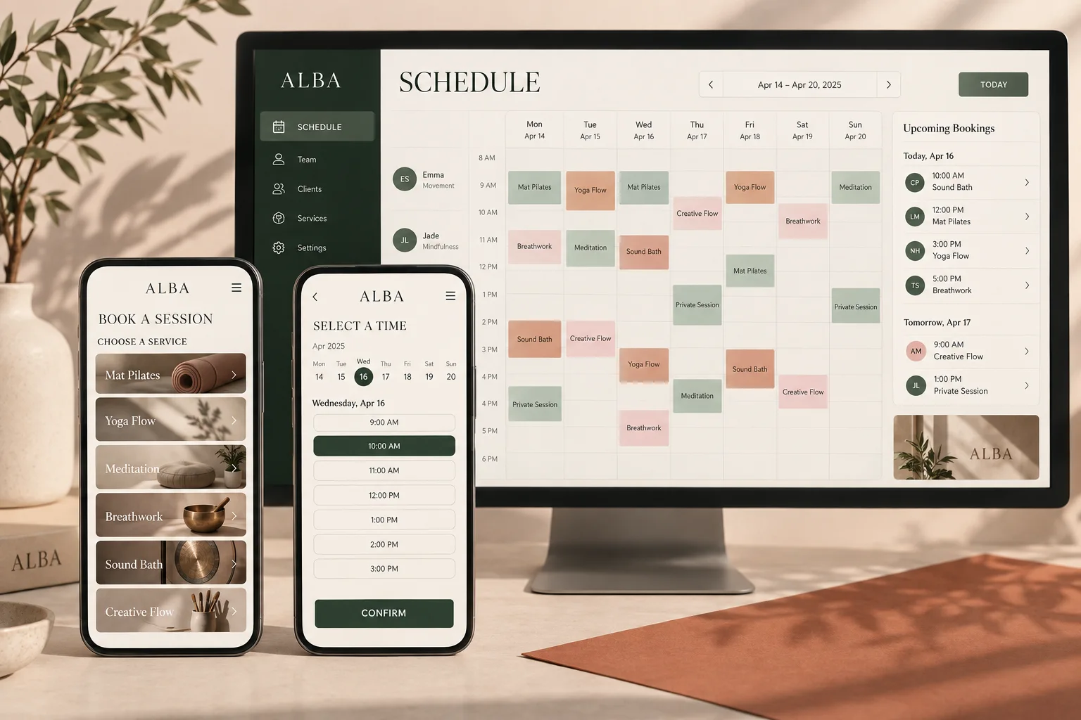 ภาพสาธิตแนวคิดแอปจองบริการสำหรับ Android และ iOS แสดงการเลือกบริการ ช่วงเวลาที่ว่าง และหน้าจอยืนยัน พร้อมตารางงานทีมบนเดสก์ท็อป